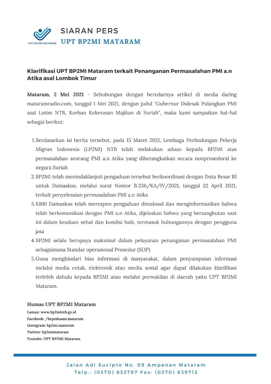 Siaran Pers UPT BP2MI Mataram